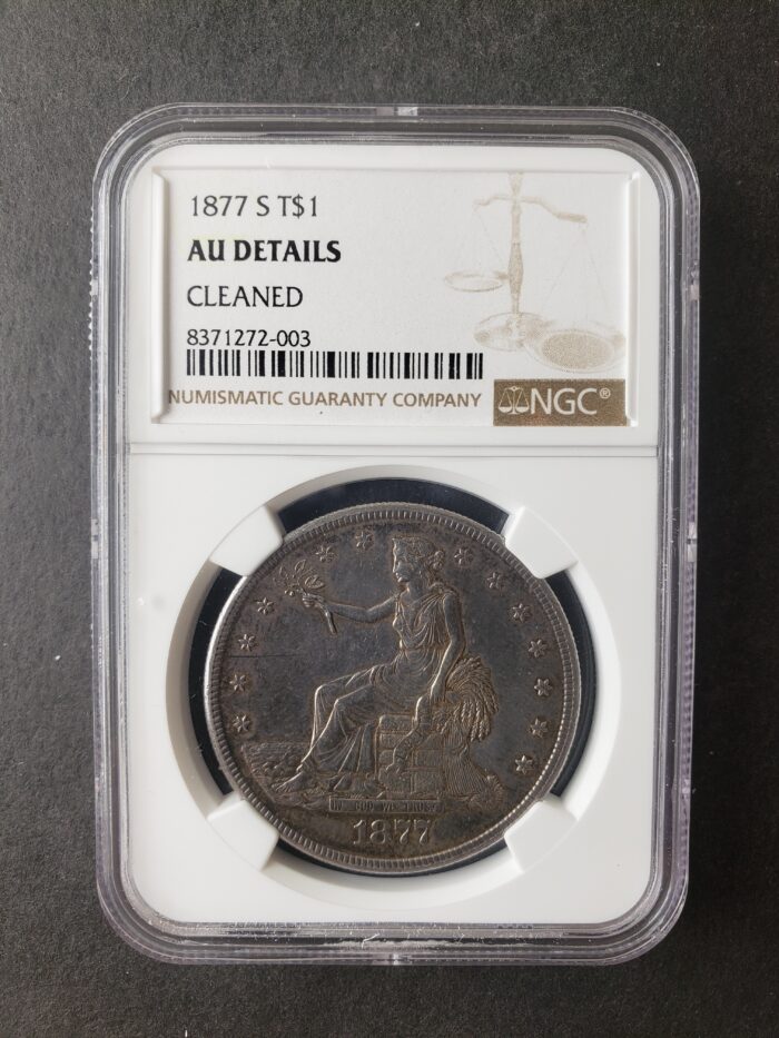 1877 S $1 Silver Trade Dollar NGC AU Details Cleaned
