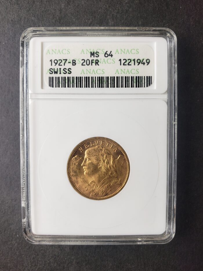 1927 B Switzerland 20 Francs Gold Coin ANACS MS64
