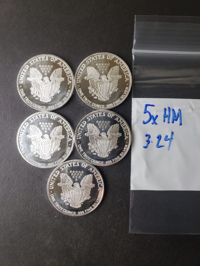 Lot of Five HM 1oz Silver Eagle Rounds at 50c/oz Under Spot - Image 3