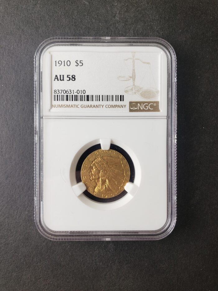 1910 $5 Incuse Indian Gold Half Eagle NGC AU58