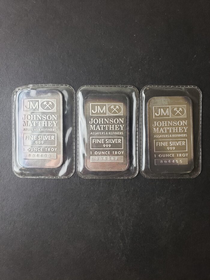Lot of Three Johnson Matthey 1oz Silver Bars in Plastics