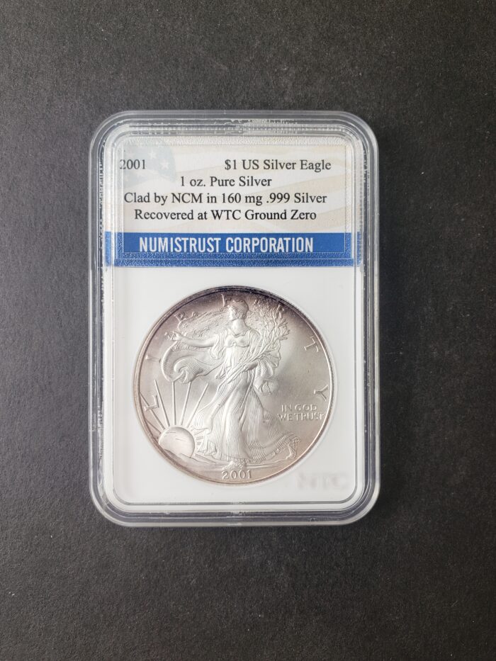 2001 $1 American Silver Eagle Dollar Clad in WTC Silver in Numistrust Slab