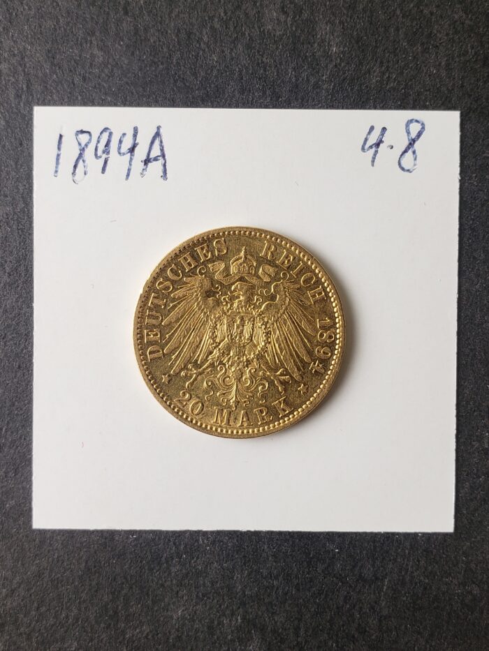1894 A Germany 20 Marks Gold Wilhelm II - Image 3