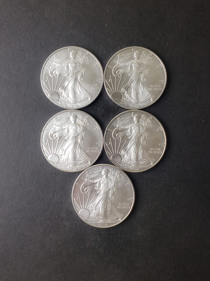 Lot of Five 2010 $1 American Silver Eagle Dollars