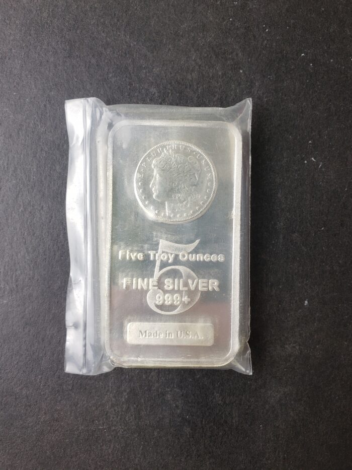 5oz Silver Morgan Bar in Plastic 50c/oz Over Spot