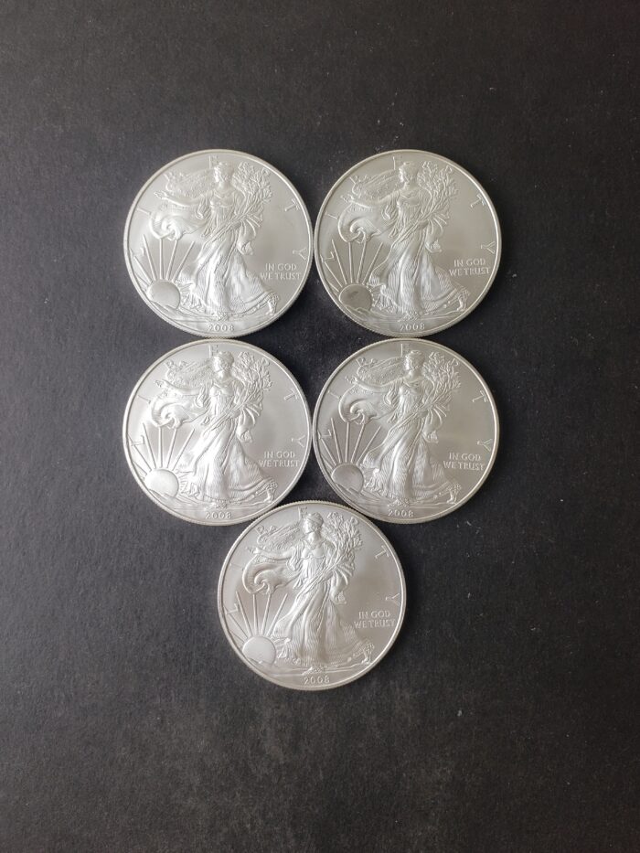 Lot of Five 2008 $1 American Silver Eagle Dollars