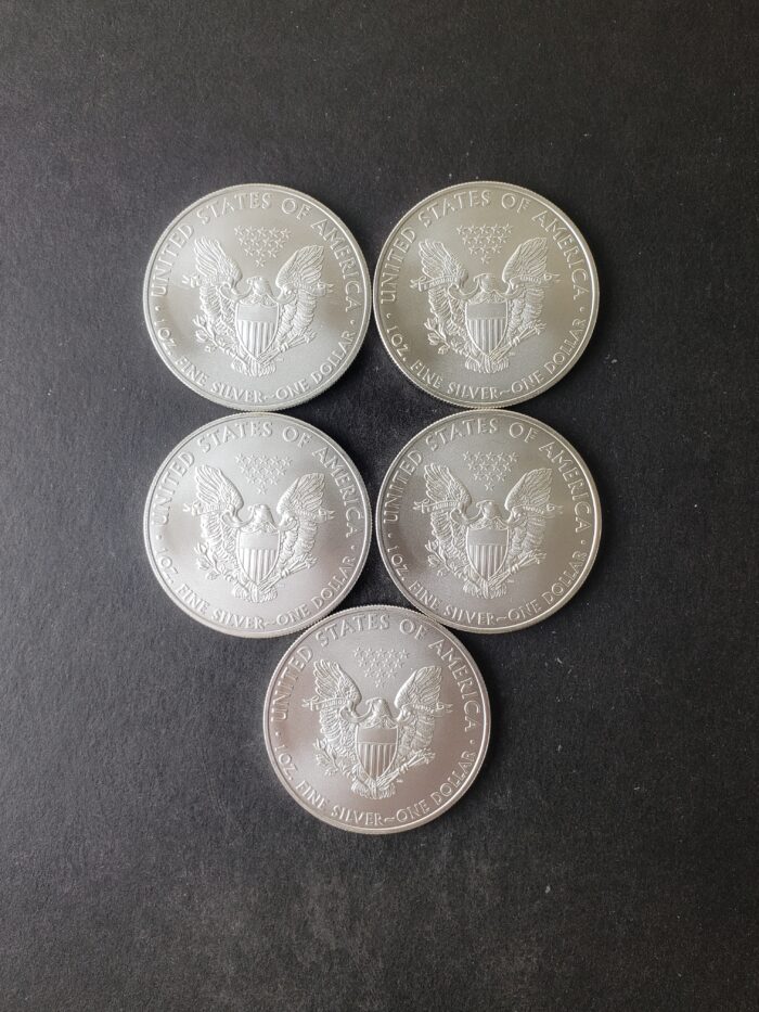 Lot of Five 2008 $1 American Silver Eagle Dollars - Image 2
