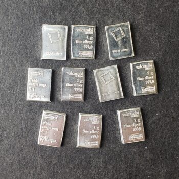 Lot of 10 Valcambi Suisse 1 gram Silver Bars