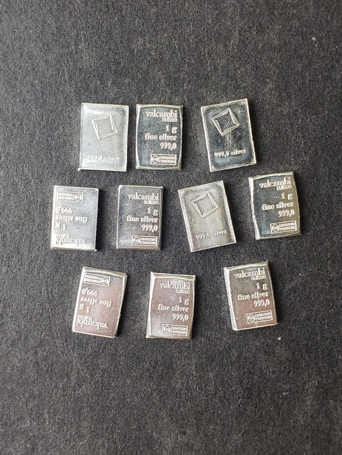 Lot of 10 Valcambi Suisse 1 gram Silver Bars