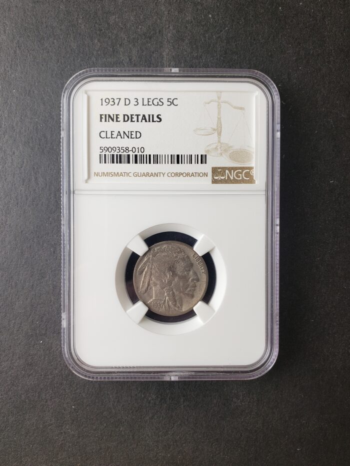 1937 D 5c Buffalo Nickel 3 Leg Variety NGC Fine Details Cleaned
