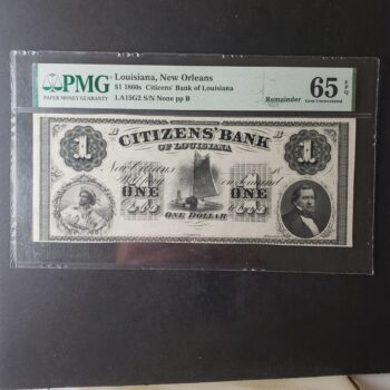 1860s Citizens' Bank of Louisiana Obsolete Currency Note Remainder PMG 65 Gem Uncirculated EPQ