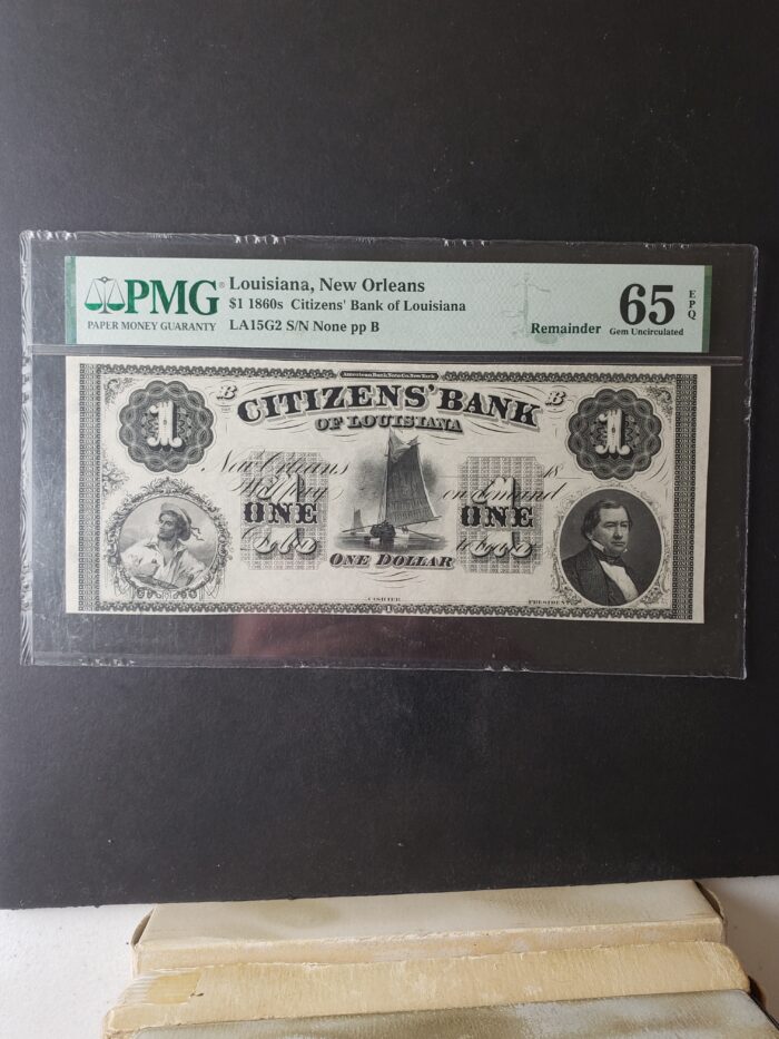 1860s Citizens' Bank of Louisiana Obsolete Currency Note Remainder PMG 65 Gem Uncirculated EPQ
