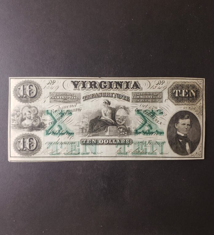 1862 $10 Virginia Treasury Note Obsolete Currency