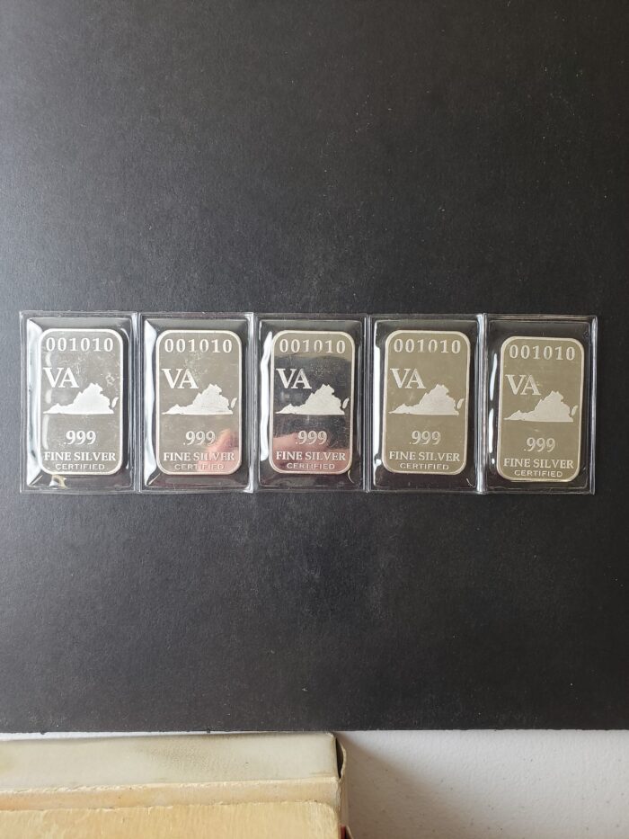 Five 1oz Silver Virginia State Bars in Plastic at $1/oz Over Spot
