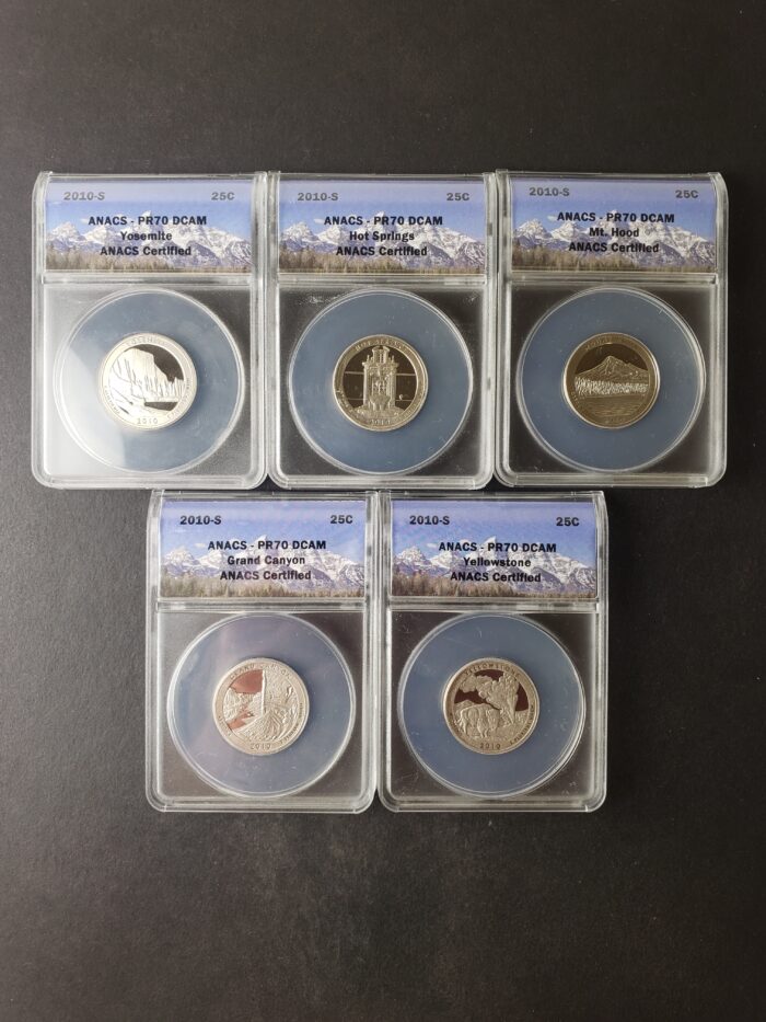 Five 2010 S Proof 25c America the Beautiful Quarter Dollars ANACS PR70 DCAM