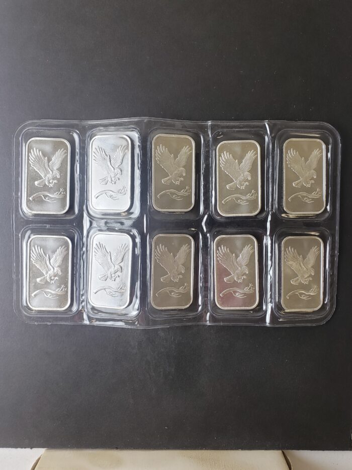 Ten SilverTowne 1oz Silver Eagle Bars in Plastic at 50c/oz Over Spot