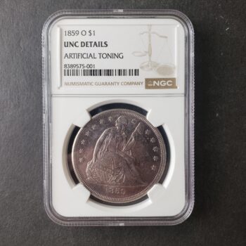 1859 O $1 Seated Liberty Silver Dollar NGC UNC Details Artificial Toning