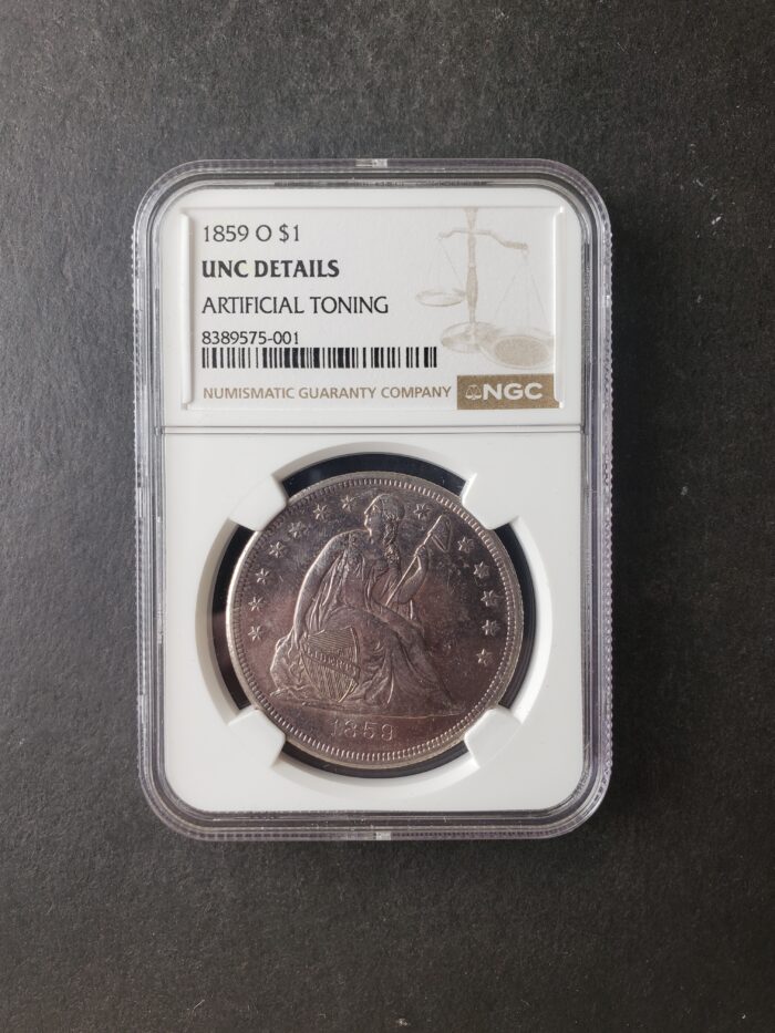 1859 O $1 Seated Liberty Silver Dollar NGC UNC Details Artificial Toning
