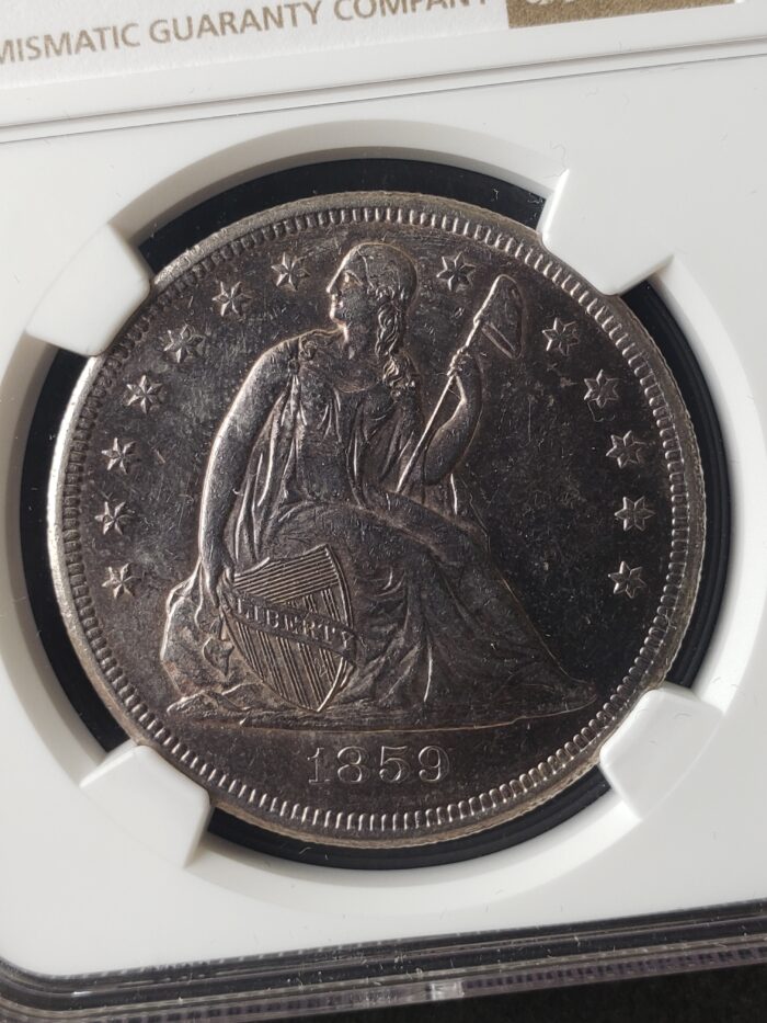 1859 O $1 Seated Liberty Silver Dollar NGC UNC Details Artificial Toning - Image 2