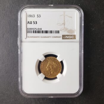 1863 $3 Indian Princess Head Three-Dollar Gold Piece NGC AU53