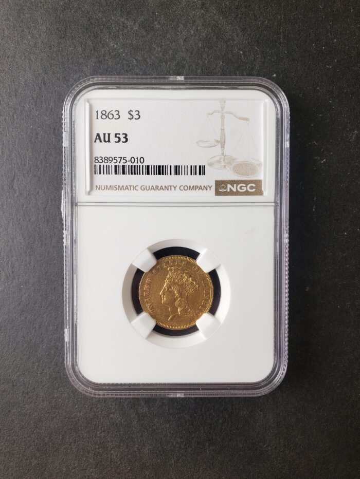 1863 $3 Indian Princess Head Three-Dollar Gold Piece NGC AU53