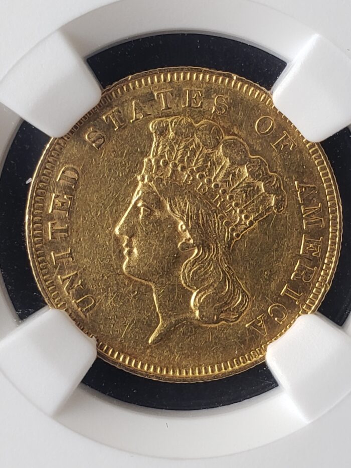 1863 $3 Indian Princess Head Three-Dollar Gold Piece NGC AU53 - Image 2