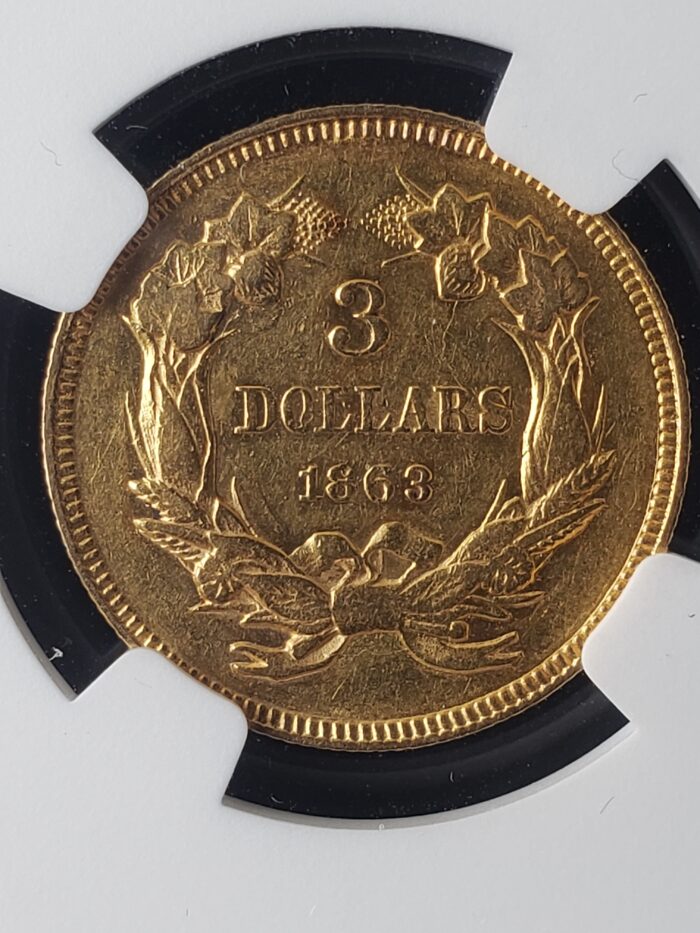 1863 $3 Indian Princess Head Three-Dollar Gold Piece NGC AU53 - Image 3