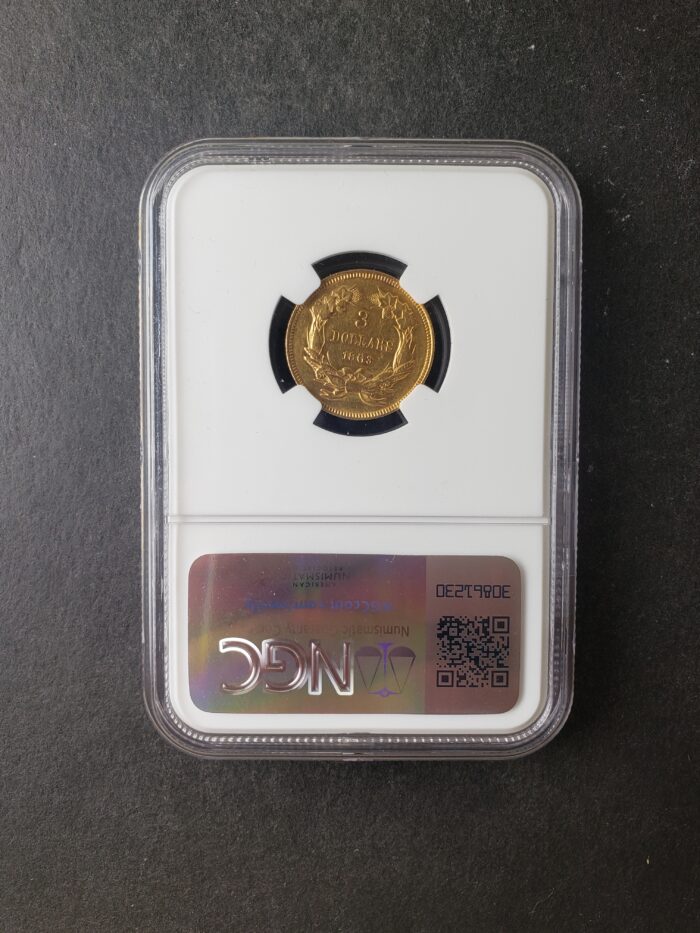 1863 $3 Indian Princess Head Three-Dollar Gold Piece NGC AU53 - Image 4
