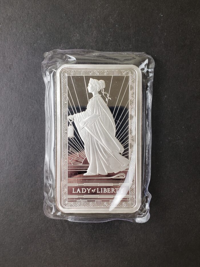 Pamp Suisse 10oz Silver Lady of Liberty Bar in Plastic at $1/oz over Spot