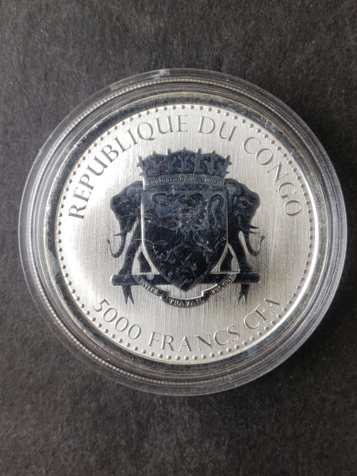 2019 Congo 5000 Francs CFA 1oz Silver Gorilla Coin in a Capsule - Image 2