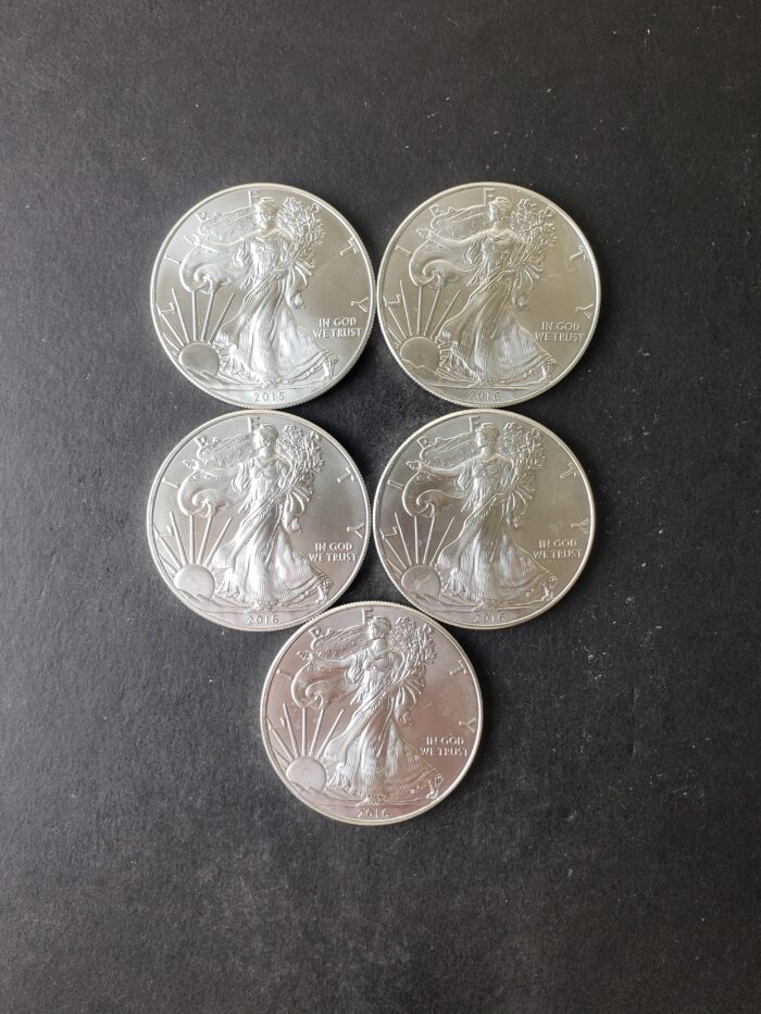 Lot of Five $1 American Silver Eagle Dollars