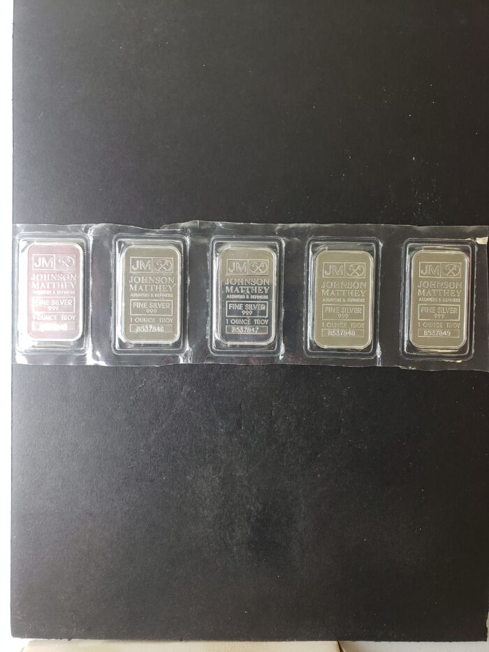 Lot of Five Johnson Matthey 1oz Silver Bars in Plastic