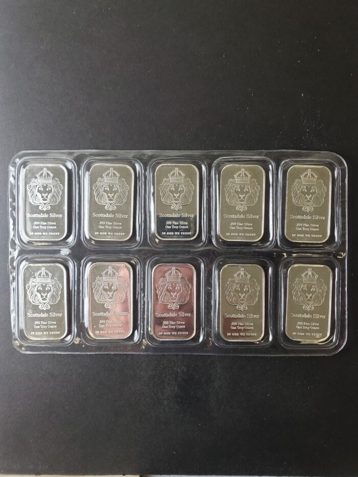 Lot of 10 Scottsdale 1oz Silver Bars in Plastic at Spot