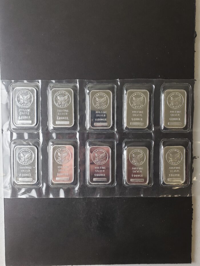 Lot of 10 Sushine Minting 1oz Silver Bars in Plastic at 50c/oz Over Spot
