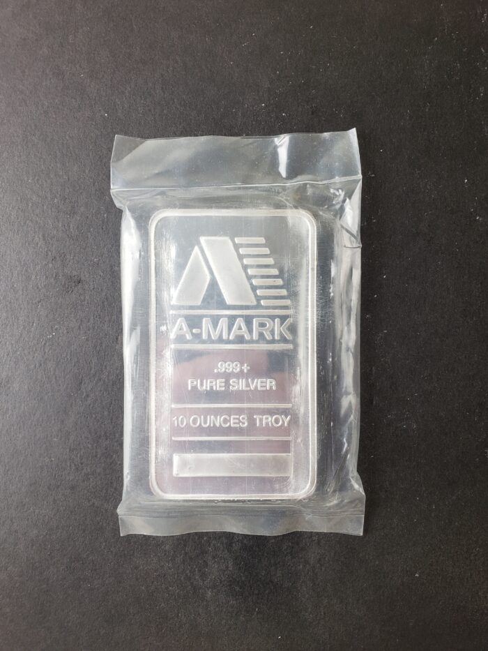 A-Mark 10oz Silver Bar in Plastic at 50c/oz Over Spot