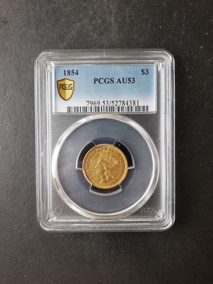 1854 $3 Indian Princess Head Three-Dollar Gold Piece PCGS AU53